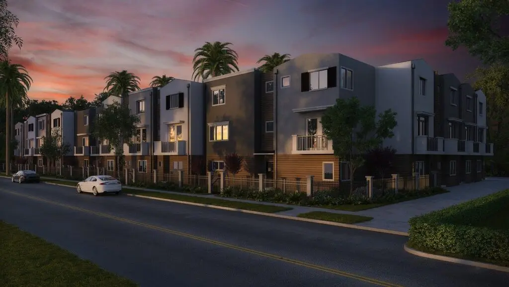 condominium buildings at dusk