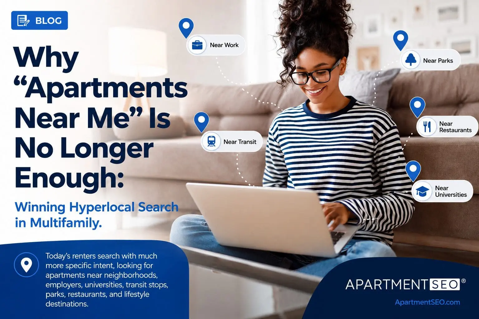 A woman sits on the floor using a laptop in a modern apartment living room beside graphics highlighting hyperlocal apartment searches near parks, restaurants, transit, universities, and workplaces for multifamily SEO marketing.