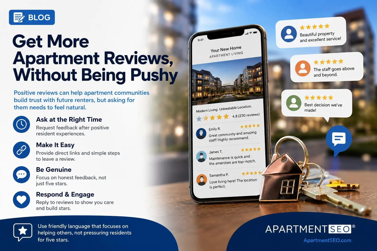A smartphone displaying apartment listings sits beside house-shaped keys on a table, representing apartment reviews, renter research, and multifamily reputation management marketing.