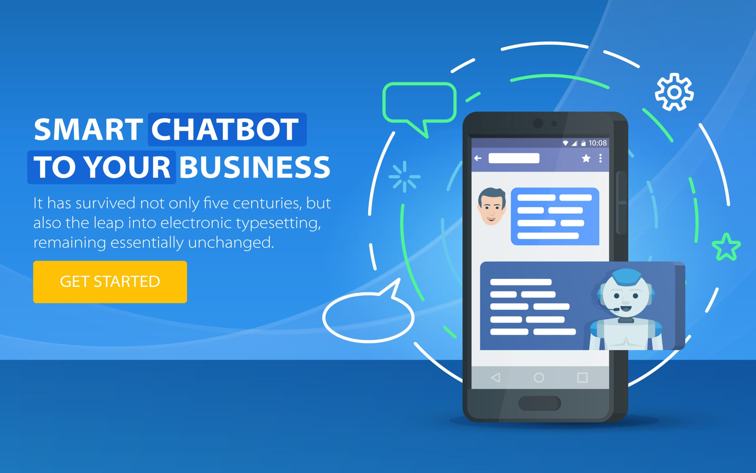 Chatbot business concept. Modern banner for the site. Chatbot and future marketing concept. Dialog box of mobile phone. Smartphone on a blue background. Vector illustration