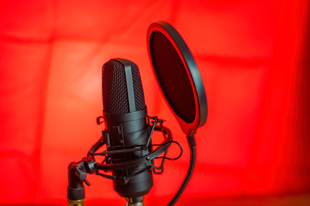 Black professional microphone on a stand. Pop filter installed on the microphone. A red toned picture.