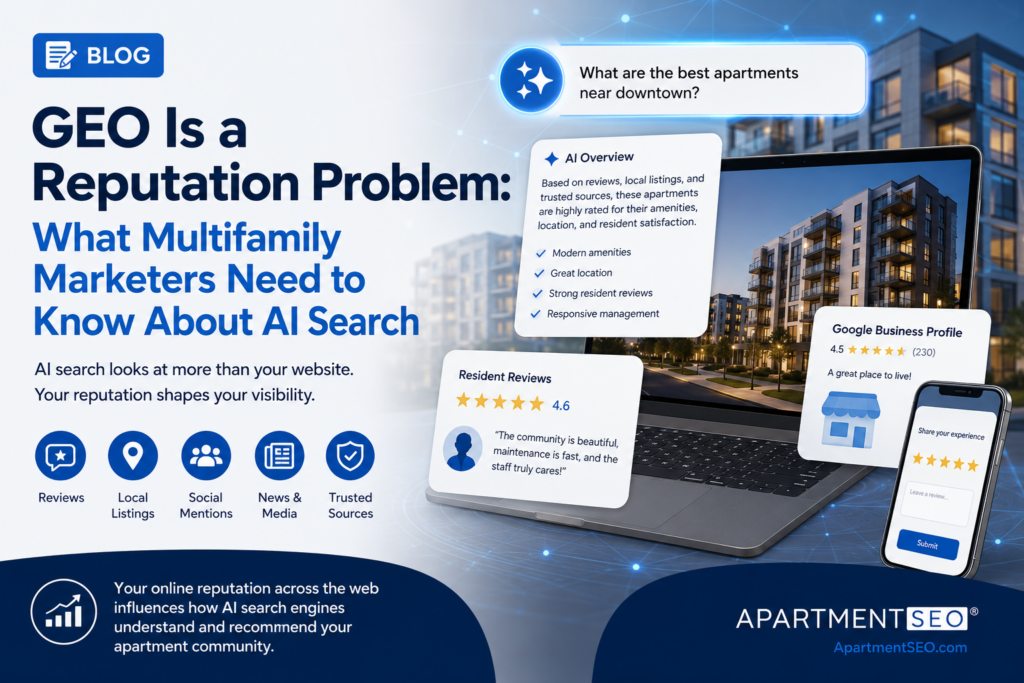 Digital reputation and AI search concept featuring apartment reviews, online visibility signals, and multifamily marketing analytics.