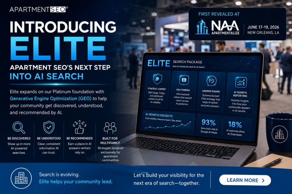 Apartment SEO’s Elite Package GEO demo displays AI search adoption statistics and multifamily search strategies at Apartmentalize 2026.