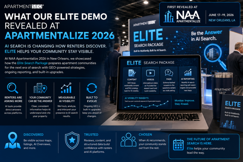 Apartment SEO Elite GEO demo presentation at Apartmentalize 2026 features futuristic branding and multifamily AI search technology.
